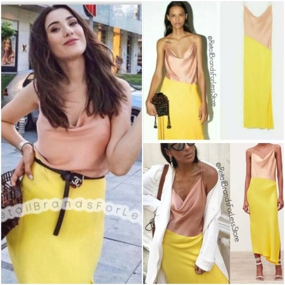 Zara Satin Effect Slit Yellow Nude Colorblock Slip Cami Midi Maxi Dress - Picture 3 of 15